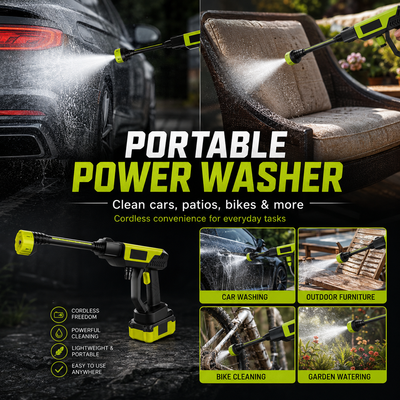 Portable power washer cleaning cars, patios, bikes and gardens