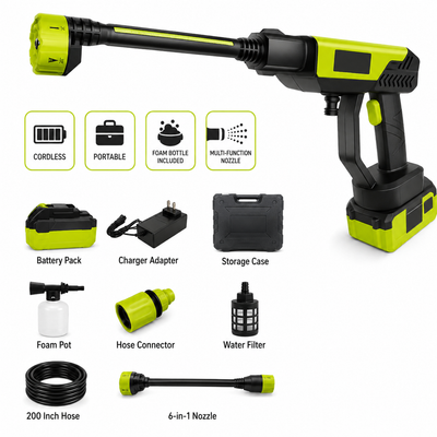 Seeseos portable cordless power washer with complete accessory kit on white background