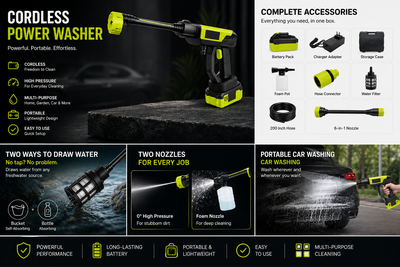 Cordless power washer - powerful, portable, effortless with full accessory kit